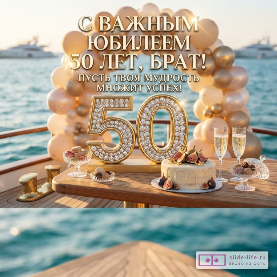 Открытка с юбилеем 50 лет брату на фоне моря, яхт, воздушных шаров бежевого и золотого цвета. На переднем плане стол с тортом, шампанским и цифрами «50» из золота с бриллиантами. Текст: «С ВАЖНЫМ ЮБИЛЕЕМ 50 ЛЕТ, БРАТ! ПУСТЬ ТВОЯ МУДРОСТЬ МНОЖИТ УСПЕХ!»