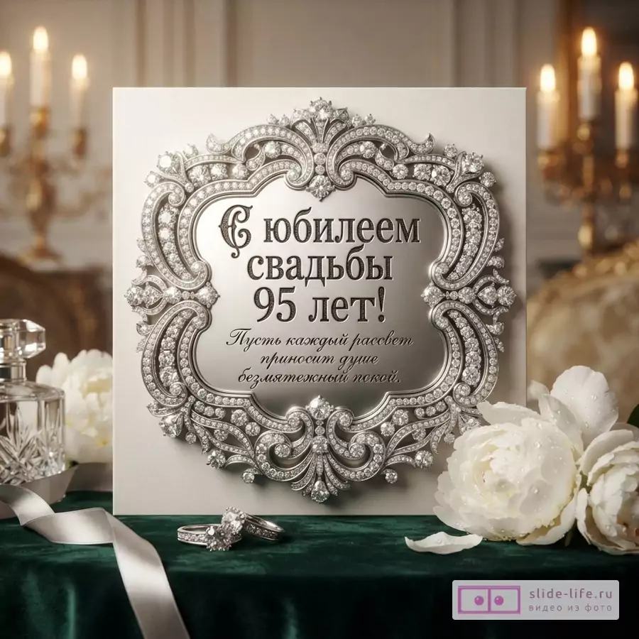 Открытка с надписью «С юбилеем свадьбы 95 лет! Пусть каждый рассвет приносит душе безмятежный покой.» в серебряной резной рамке с кристаллами, белыми пионами и кольцами.