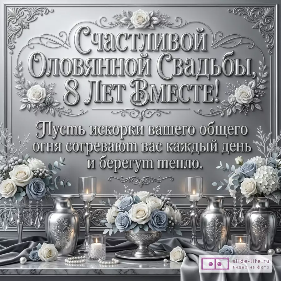 Серебристо-серый фон, темные шторы, белые и голубые розы, свечи, металлические вазы, декоративные подвески, текст «С Оловянной свадьбой, 8 Лет Вместе! Пусть искры вашего общего огня согревают вас каждый день и берегут тепло.»
