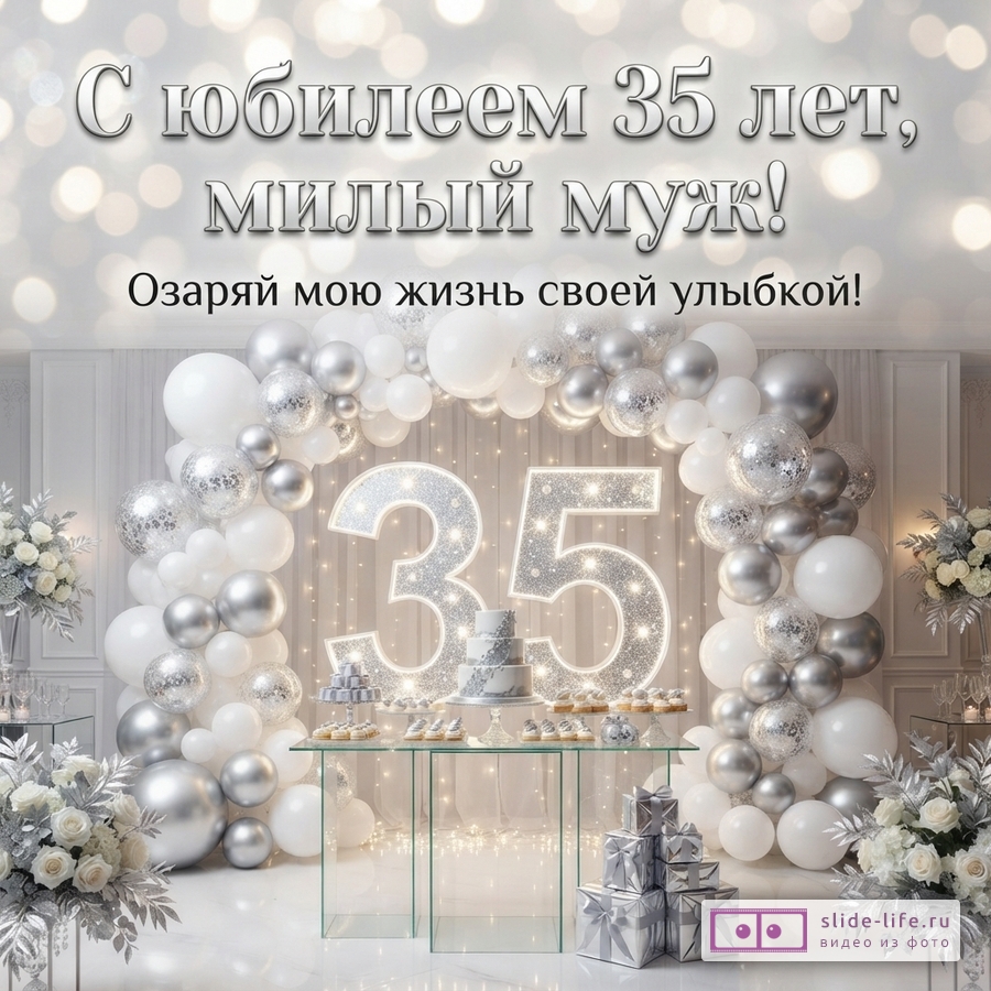 Большая сияющая цифра 35 в арке из белых и серебристых шаров, праздничный торт и надпись «С юбилеем 35 лет, милый муж! Озаряй мою жизнь своей улыбкой!»