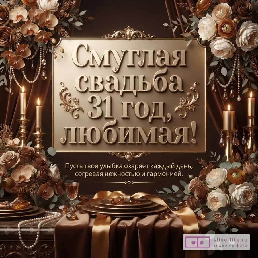 Коричнево-золотая открытка с цветами, свечами и декоративной рамкой. Текст: «Смуглая свадьба 31 год, любимая! Пусть твоя улыбка озаряет каждый день, согревая нежностью и гармонией.»