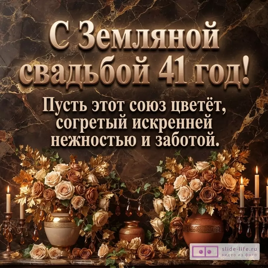 Фон под мрамор, золотые буквы, вазы с цветами, свечи. Текст: «С Земляной свадьбой 41 год! Пусть этот союз цветёт, согретый искренней нежностью и заботой.»