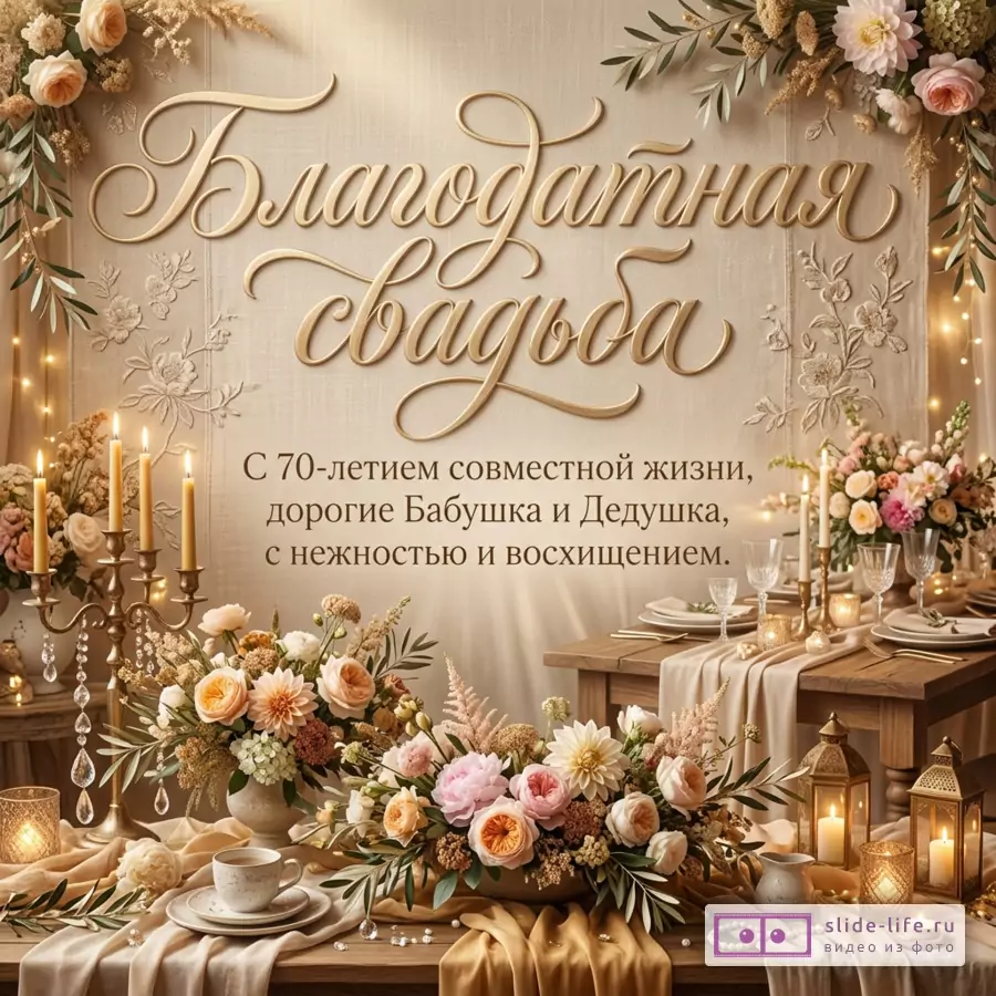 Бежевая открытка с цветочными композициями, свечами, сервированным столом и каллиграфической надписью «Благодатная свадьба С 70-летием совместной жизни, дорогие Бабушка и Дедушка, с нежностью и восхищением.»