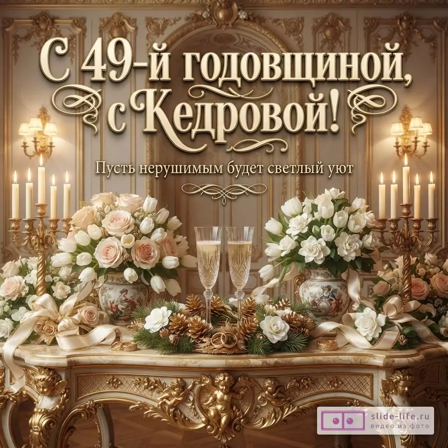 Фон бежевый с золотыми элементами. На переднем плане стол с цветами, свечами, бокалами шампанского и обручальными кольцами. Текст: «С 49-й годовщиной, с Кедровой! Пусть нерушимым будет светлый уют»