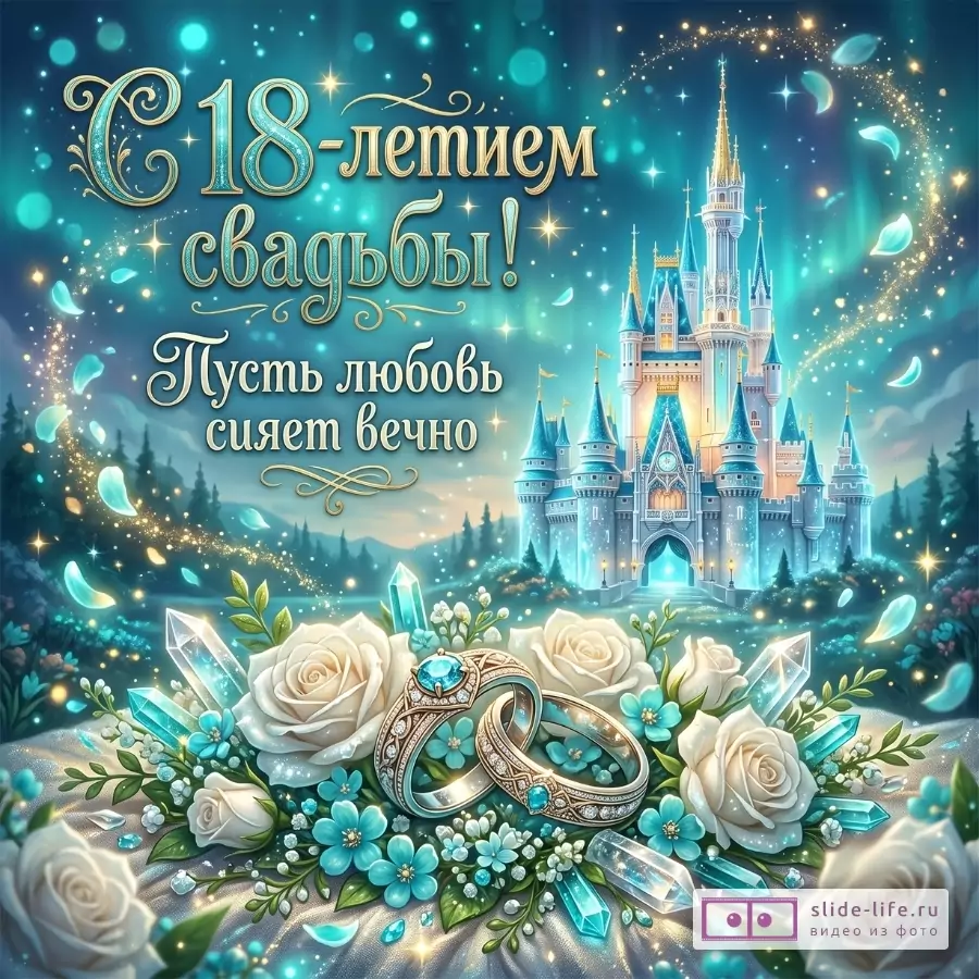Бирюзово-синий сияющий фон, замок, белые розы, бирюзовые цветы и кристаллы, два кольца с камнями. Текст: «С 18-летием свадьбы! Пусть любовь сияет вечно»