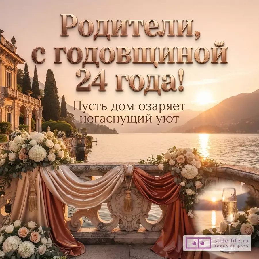 Балкон с атласной тканью и цветами с видом на озеро и горы на закате, надпись «Родители, с годовщиной 24 года! Пусть дом озаряет негаснущий уют».