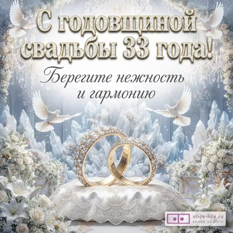 Белый фон, золотые буквы с бриллиантами «С годовщиной свадьбы 33 года!», курсивные буквы «Берегите нежность и гармонию». В центре два золотых кольца с бриллиантами на белой подушке, вокруг белые цветы, кристаллы и голуби.