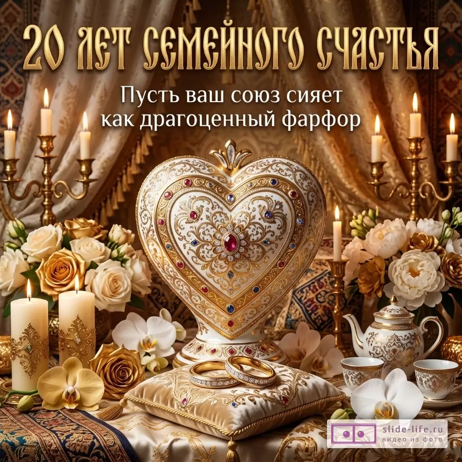 Поздравительная композиция в золотисто-кремовых тонах с сердцем из фарфора, свечами, розами, чайным сервизом и обручальными кольцами. Текст: «20 лет семейного счастья», «Пусть ваш союз сияет как драгоценный фарфор»