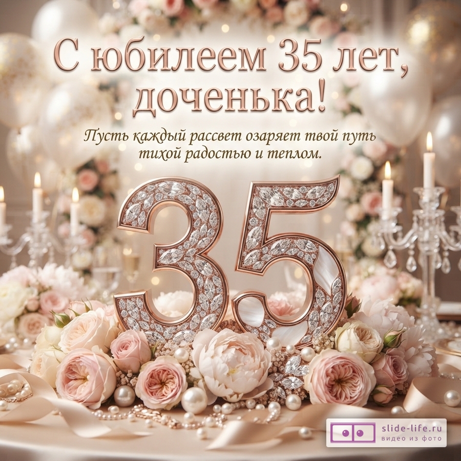 Большая ювелирная цифра 35 в окружении роз, пионов и жемчуга с надписью «С юбилеем 35 лет, доченька! Пусть каждый рассвет озаряет твой путь тихой радостью и теплом.»