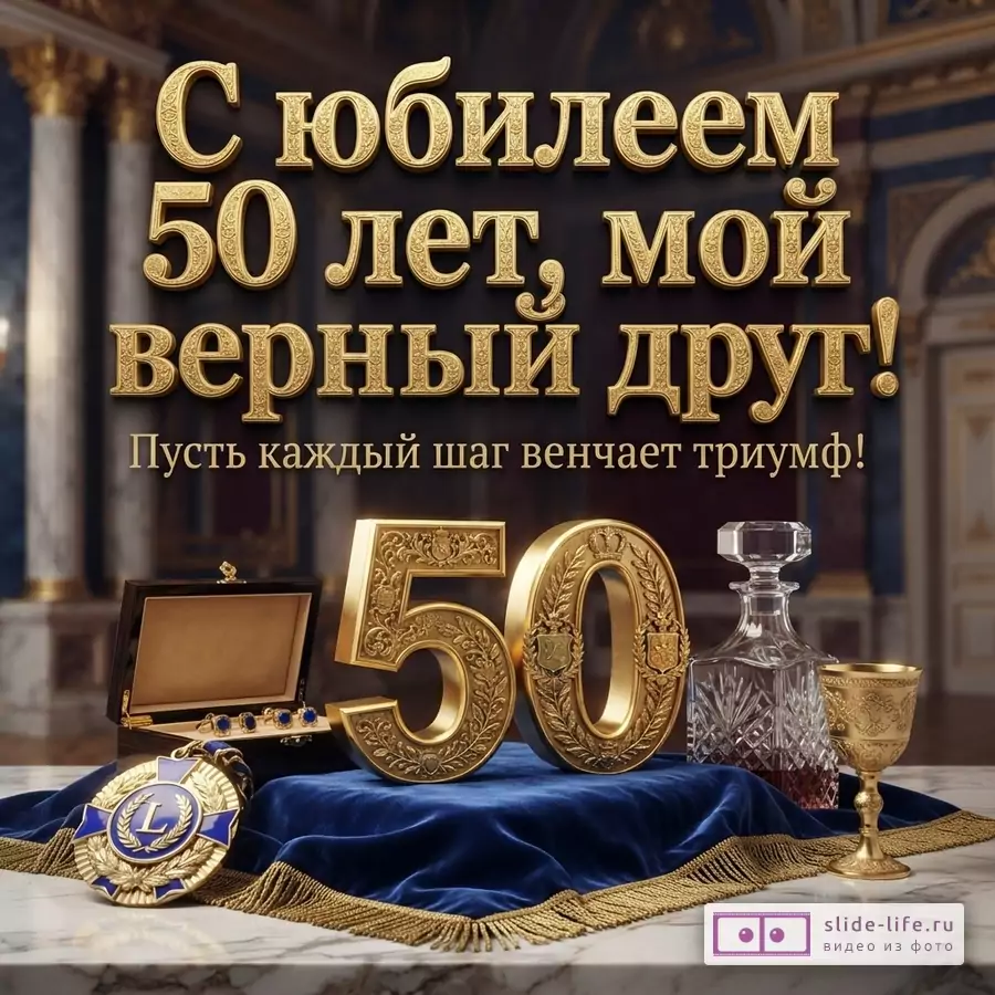 Открытка с золотыми буквами на темном фоне, текст «С юбилеем 50 лет, мой верный друг! Пусть каждый шаг венчает триумф!». Внизу золотые цифры 50, графин, кубок и медаль на синей ткани.