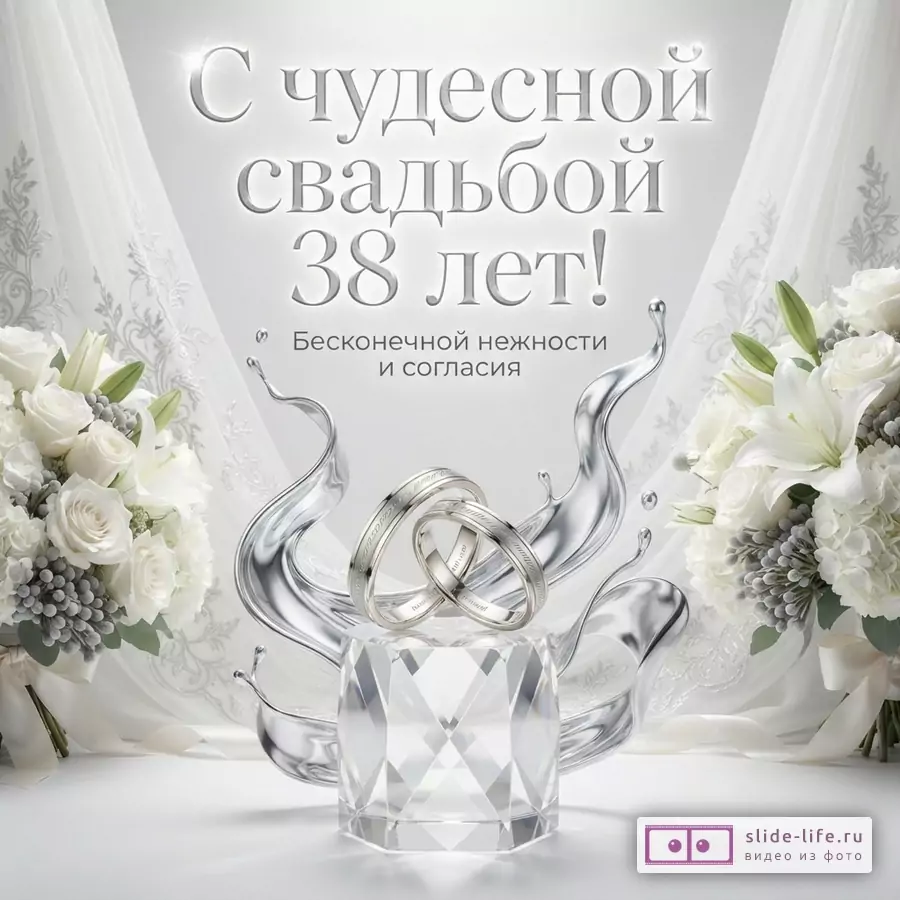 Светлый фон, два букета белых цветов по бокам, в центре два обручальных кольца на прозрачной подставке, серебристые брызги. Текст: «С чудесной свадьбой 38 лет! Бесконечной нежности и согласия»