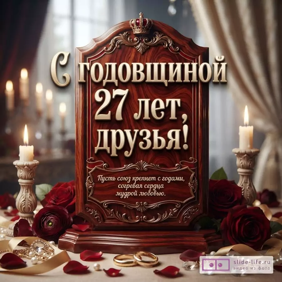 Открытка с деревянной табличкой на фоне свечей и роз, фон бежевый. Текст на табличке «С годовщиной 27 лет, друзья! Пусть союз крепнет с годами, согревая сердца мудрой любовью.»