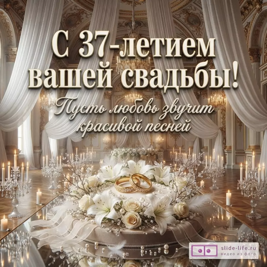 Открытка на бежевом фоне с золотыми элементами, белыми шторами и свечами. Текст: «С 37-летием вашей свадьбы! Пусть любовь звучит красивой песней»