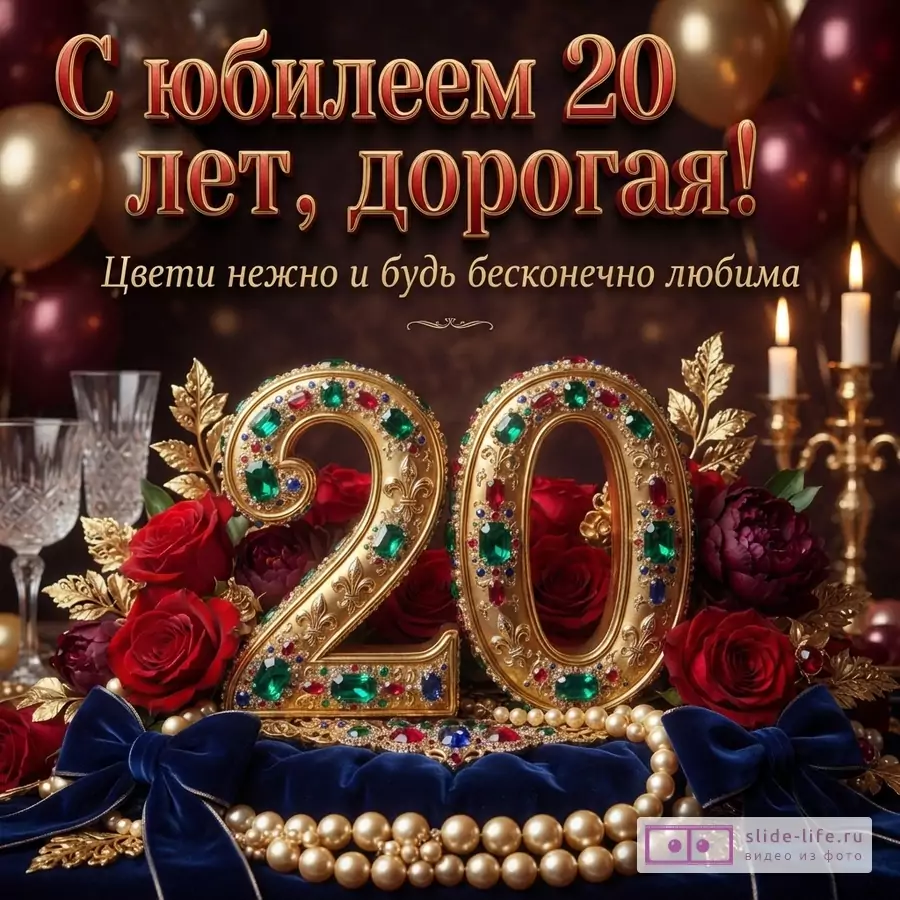 Золотая цифра 20 с изумрудами среди роз, жемчуга и воздушных шаров с текстом «С юбилеем 20 лет, дорогая! Цвети нежно и будь бесконечно любима».