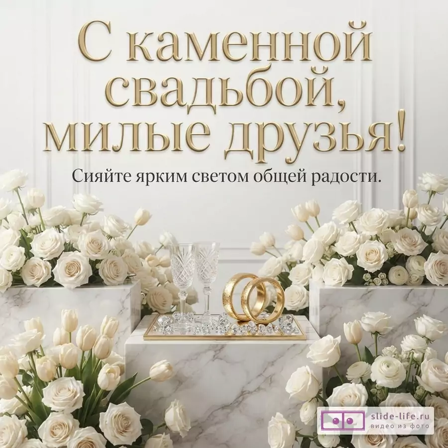 Белый фон, золотые буквы, белые розы, золотые кольца, бокалы. Надпись «С каменной свадьбой, милые друзья! Сияйте ярким светом общей радости.»
