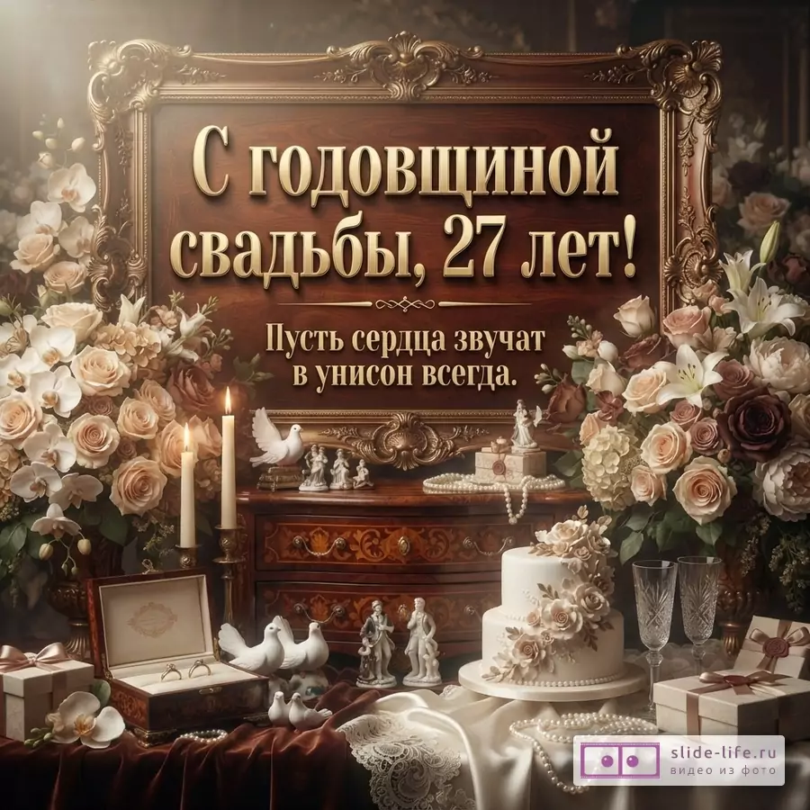 Фон коричневый, золотая рамка, цветы, свечи, торт, подарки. Надпись «С годовщиной свадьбы, 27 лет! Пусть сердца звучат в унисон всегда.»