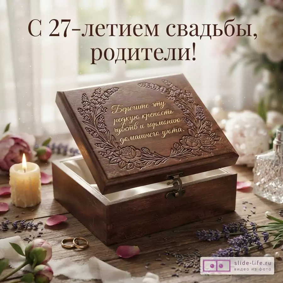 Коричневая деревянная шкатулка с гравировкой, на фоне свеча, цветы, обручальные кольца. Текст: «С 27-летием свадьбы, родители! Берегите эту редкую крепость чувств и гармонию домашнего уюта.»