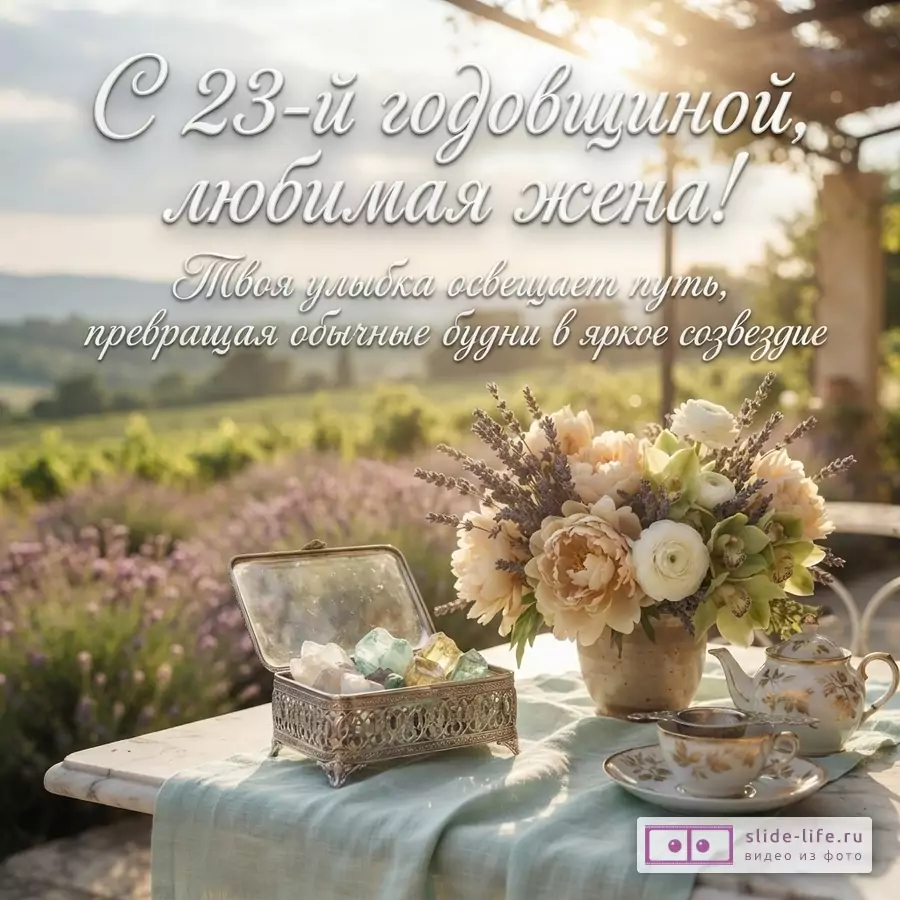 Шкатулка с кристаллами берилла, букет цветов и чайная пара на столе на фоне лавандового поля, надпись: «С 23-й годовщиной, любимая жена! Твоя улыбка освещает путь, превращая обычные будни в яркое созвездие».