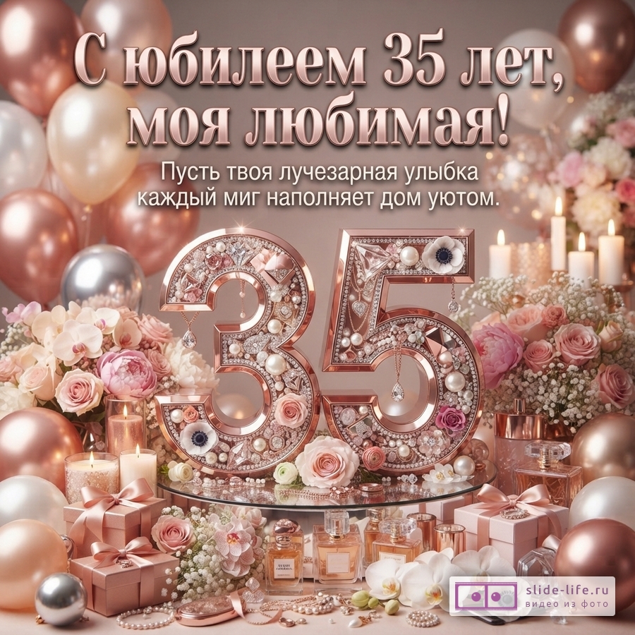 Открытка с розовым фоном, воздушными шарами, цветами и свечами. В центре крупные цифры «35» из розового золота с жемчугом и стразами. Текст: «С юбилеем 35 лет, моя любимая! Пусть твоя лучезарная улыбка каждый миг наполняет дом уютом.»