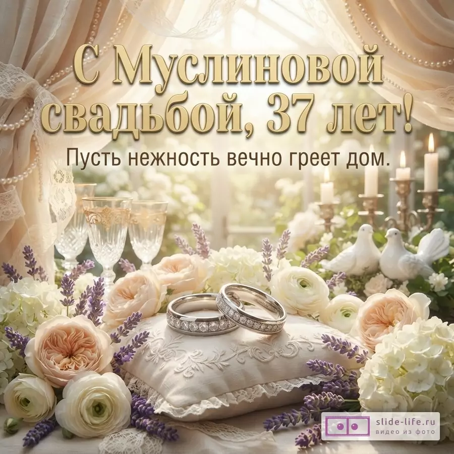 Открытка с бежевым фоном, золотистым текстом, белыми и персиковыми розами, лавандой, обручальными кольцами на подушечке, бокалами, свечами и белыми голубями. Текст: «С Муслиновой свадьбой, 37 лет! Пусть нежность вечно греет дом.»