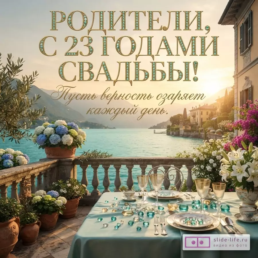 Открытка с текстом «Родители, с 23 годами свадьбы! Пусть верность озаряет каждый день.» На фоне озеро, горы, виллы, цветы и сервированный стол.