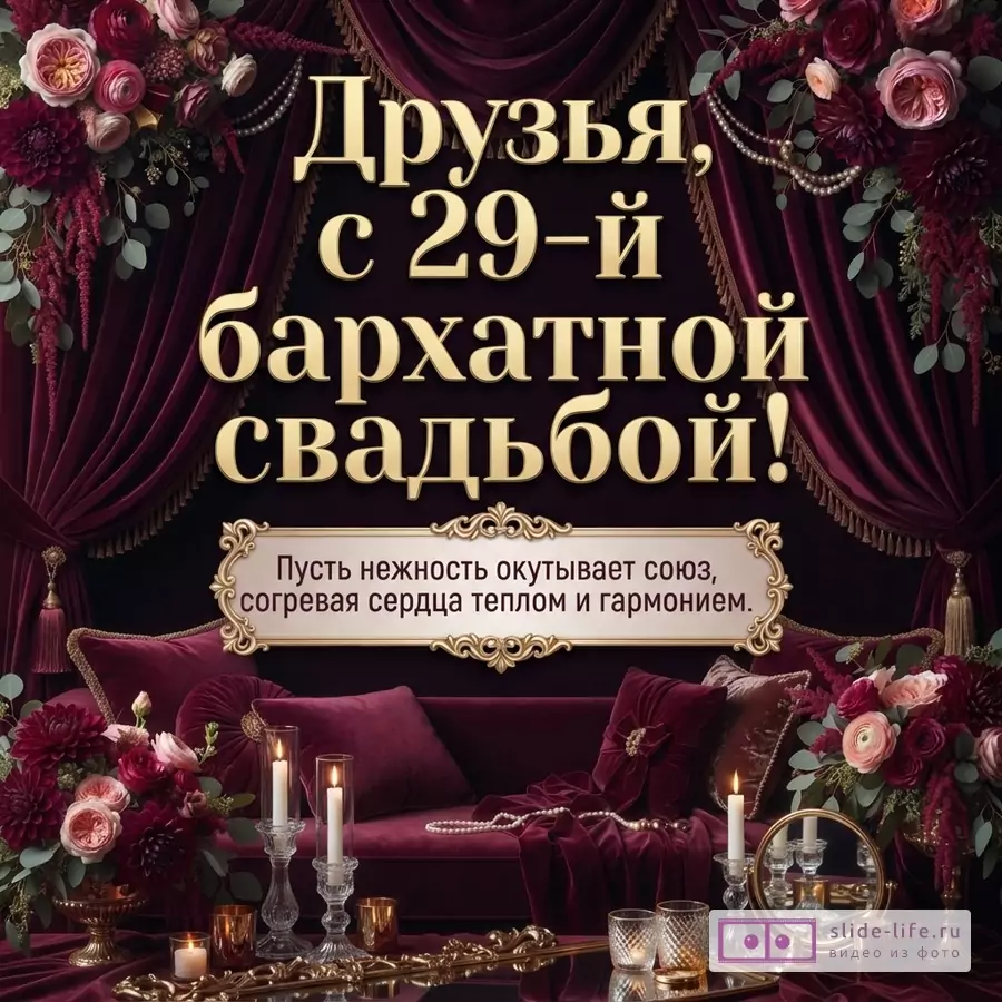 Открытка с бордовым фоном, бархатными шторами и диваном, цветами, свечами. Текст: «Друзья, с 29-й бархатной свадьбой! Пусть нежность окутывает союз, согревая сердца теплом и гармонием.»