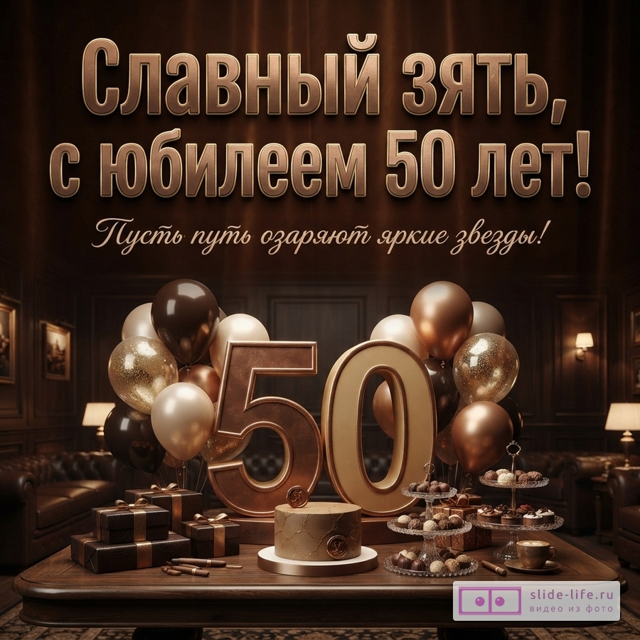 Открытка на коричневом фоне с золотыми буквами. В центре стола цифры «50», торт, подарки, конфеты и воздушные шары. Текст: «Славный зять, с юбилеем 50 лет! Пусть путь озаряют яркие звезды!»