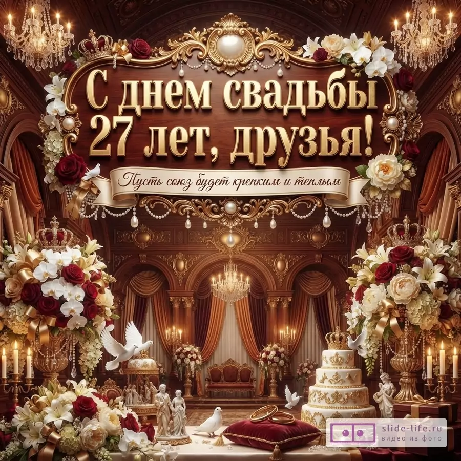 Открытка с золотой рамкой на деревянном фоне, украшенная цветами и жемчугом. В центре надпись «С днем свадьбы 27 лет, друзья! Пусть союз будет крепким и теплым.».