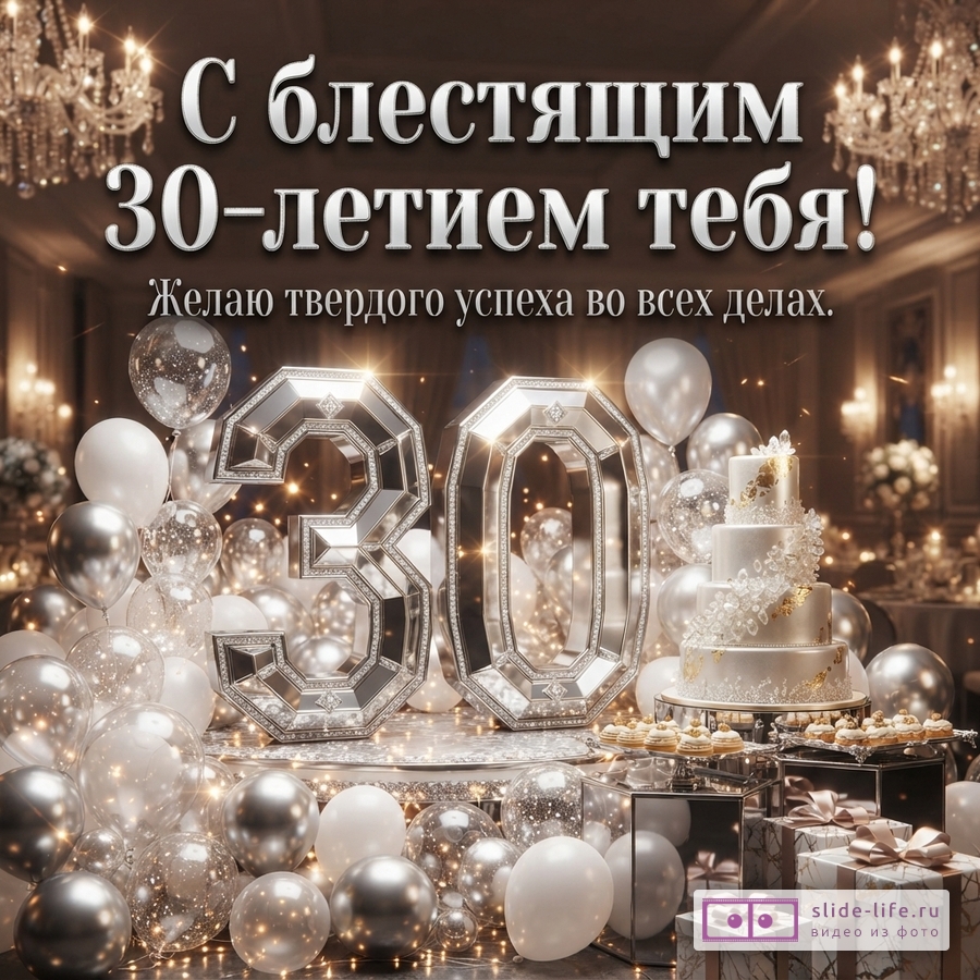 Объемная зеркальная цифра 30 в банкетном зале с серебряными шарами, тортом, подарками и текстом «С блестящим 30-летием тебя! Желаю твердого успеха во всех делах.»