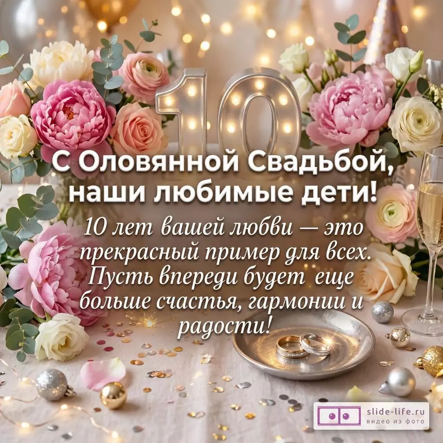 Поздравление Детям с Оловянной Свадьбой от Родителей — Красивая Открытка на 10-ю Годовщину Свадьбы