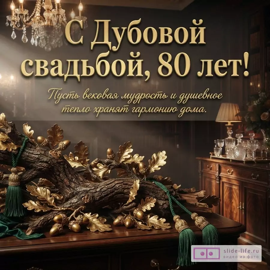 Дубовая ветвь с золотыми листьями и желудями на комоде в классическом интерьере с люстрой и надписью «С Дубовой свадьбой, 80 лет! Пусть вековая мудрость и душевное тепло хранят гармонию дома.»