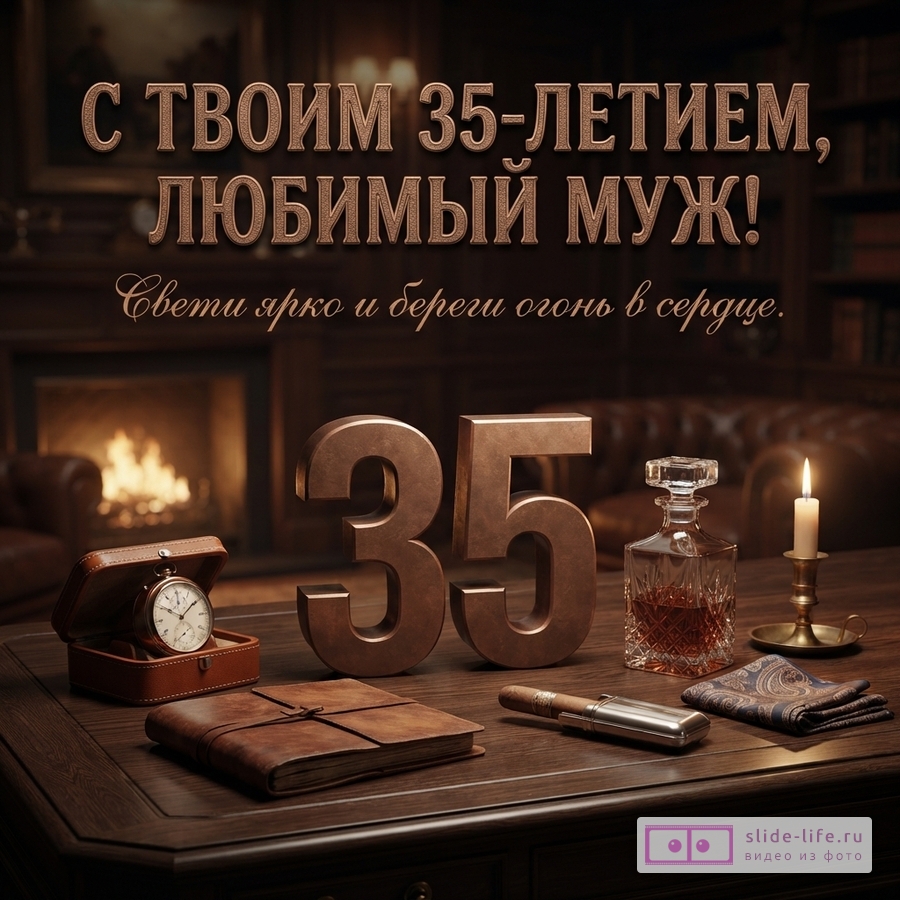 Объемная цифра 35 на деревянном столе с часами, графином и камином на фоне с надписью «С твоим 35-летием, любимый муж! Свети ярко и береги огонь в сердце.»