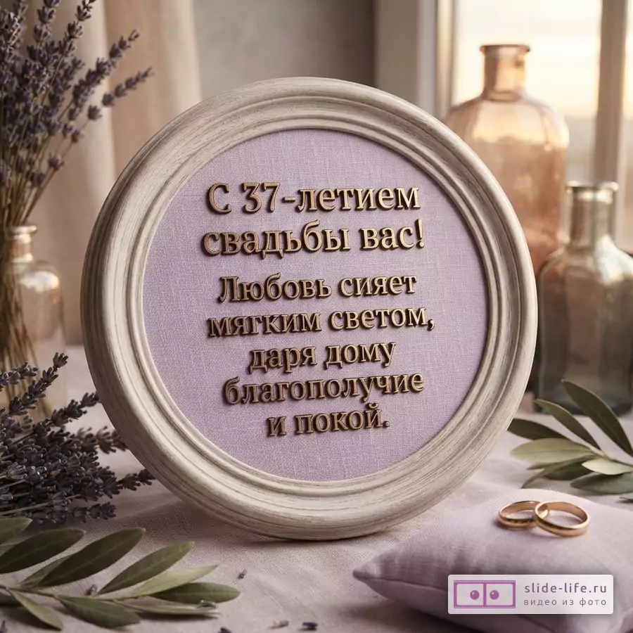 Круглая рамка с текстом на сиреневом фоне, лаванда, оливковые ветви, обручальные кольца, вазы. «С 37-летием свадьбы вас! Любовь сияет мягким светом, даря дому благополучие и покой.»