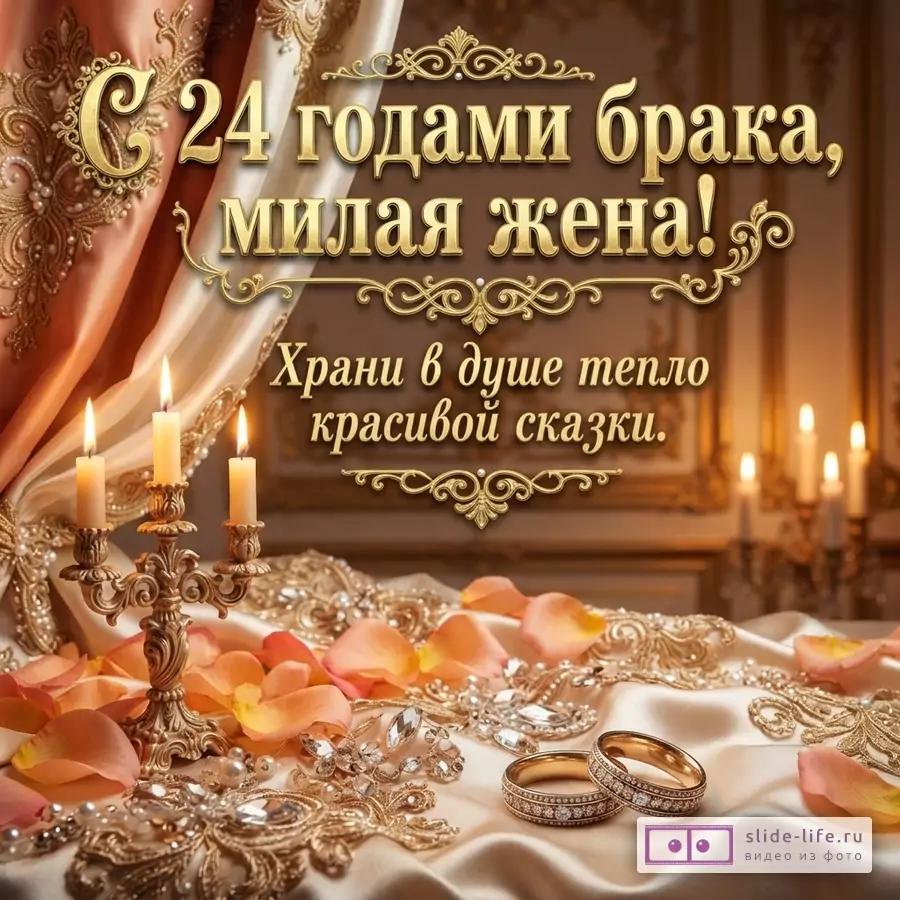 Атласная ткань с лепестками роз, два обручальных кольца, золотой подсвечник со свечами и надпись «С 24 годами брака, милая жена! Храни в душе тепло красивой сказки.»