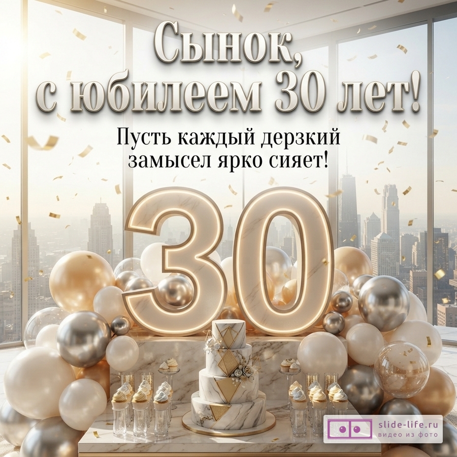 Большая светящаяся цифра 30, праздничный торт и шары на фоне панорамы города с текстом «Сынок, с юбилеем 30 лет! Пусть каждый дерзкий замысел ярко сияет!»