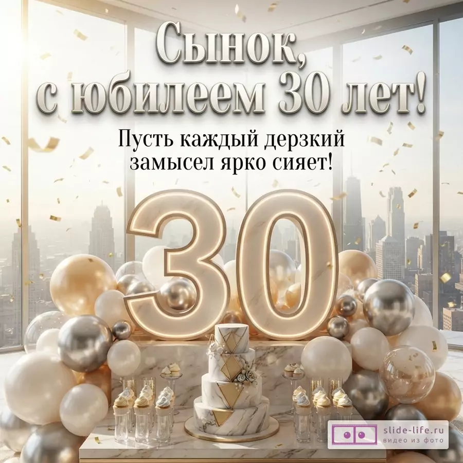 Большая светящаяся цифра 30, праздничный торт и шары на фоне панорамы города с текстом «Сынок, с юбилеем 30 лет! Пусть каждый дерзкий замысел ярко сияет!»