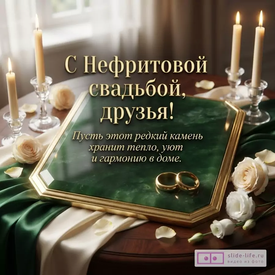 Нефритовая подставка в золотой раме, обручальные кольца, свечи и розы на столе. Текст: «С Нефритовой свадьбой, друзья! Пусть этот редкий камень хранит тепло, уют и гармонию в доме.»