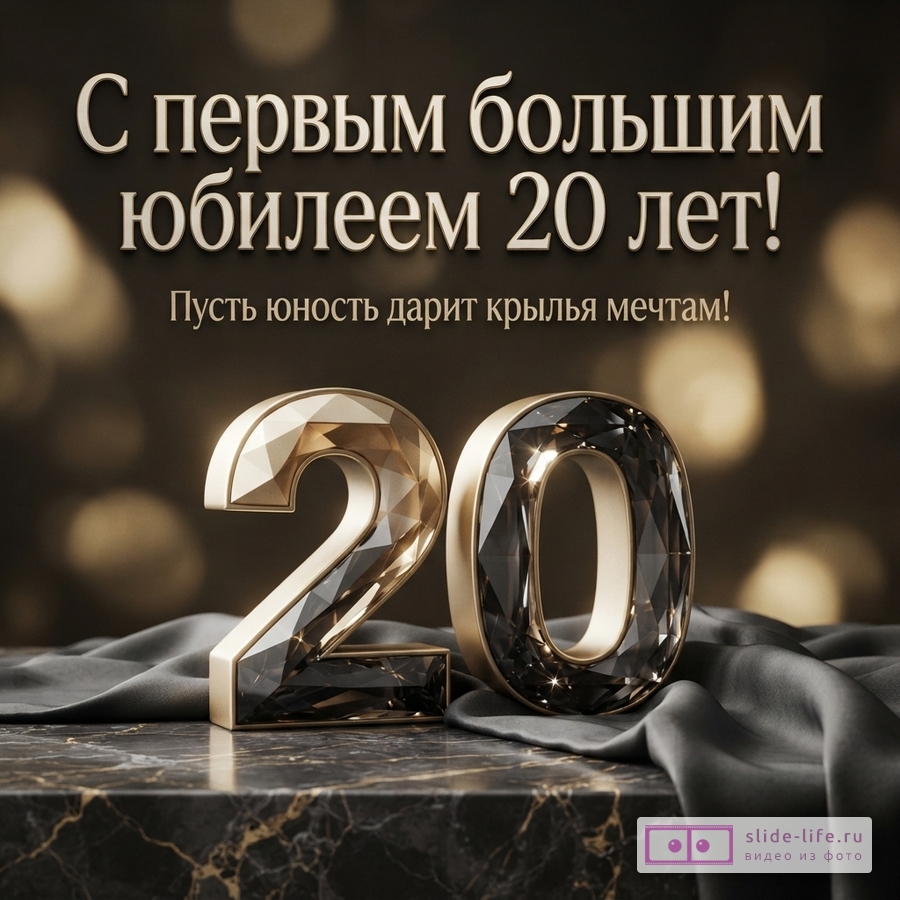 Темно-коричневый фон с золотистыми бликами. На переднем плане мраморная поверхность, на ней объемные цифры «20» из золотистого и темного стекла, рядом серая ткань. Над ними текст «С первым большим юбилеем 20 лет!» и «Пусть юность дарит крылья мечтам!»