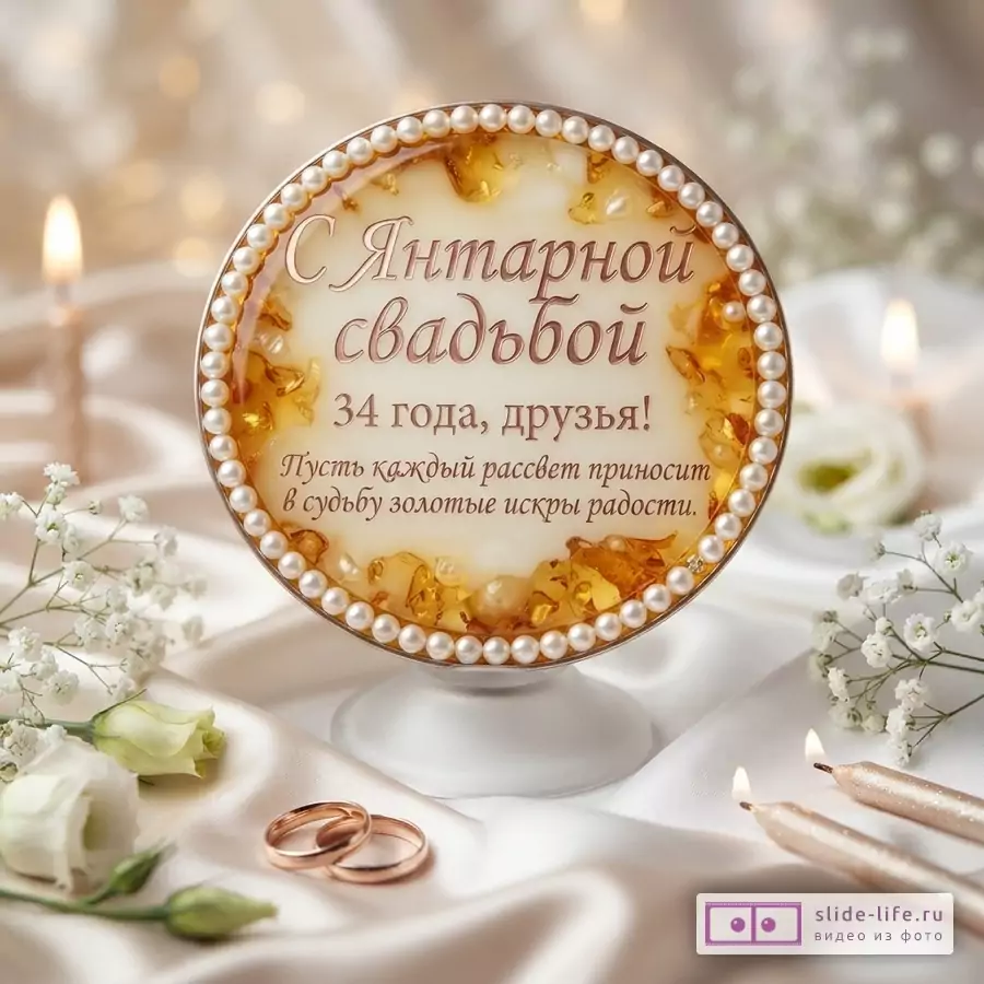 Круглая открытка с жемчужной окантовкой и янтарными вставками на белом фоне. Текст: «С Янтарной свадьбой 34 года, друзья! Пусть каждый рассвет приносит в судьбу золотые искры радости.»