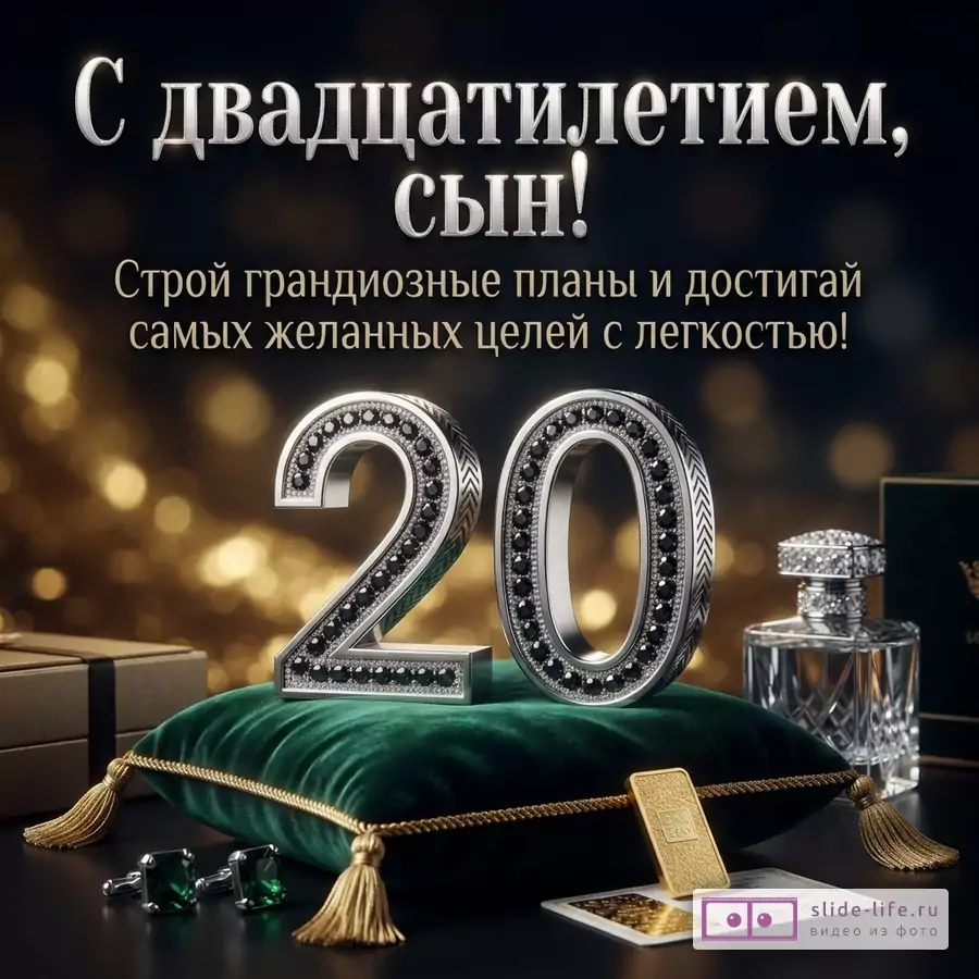 Серебряная цифра 20 с черными камнями на изумрудной подушке, флакон парфюма, запонки и надпись «С двадцатилетием, сын! Строй грандиозные планы и достигай самых желанных целей с легкостью!» на темном фоне.