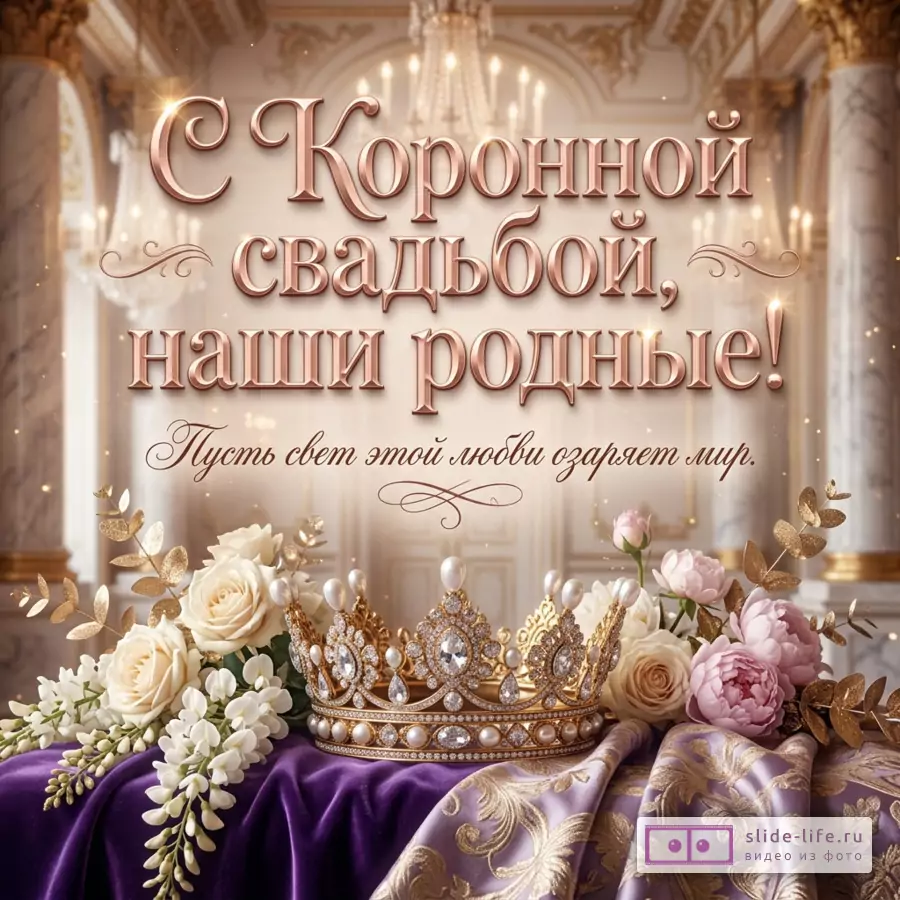 Золотая корона с драгоценными камнями среди роз и пионов на фоне дворцового зала с надписью «С Коронной свадьбой, наши родные! Пусть свет этой любви озаряет мир.».