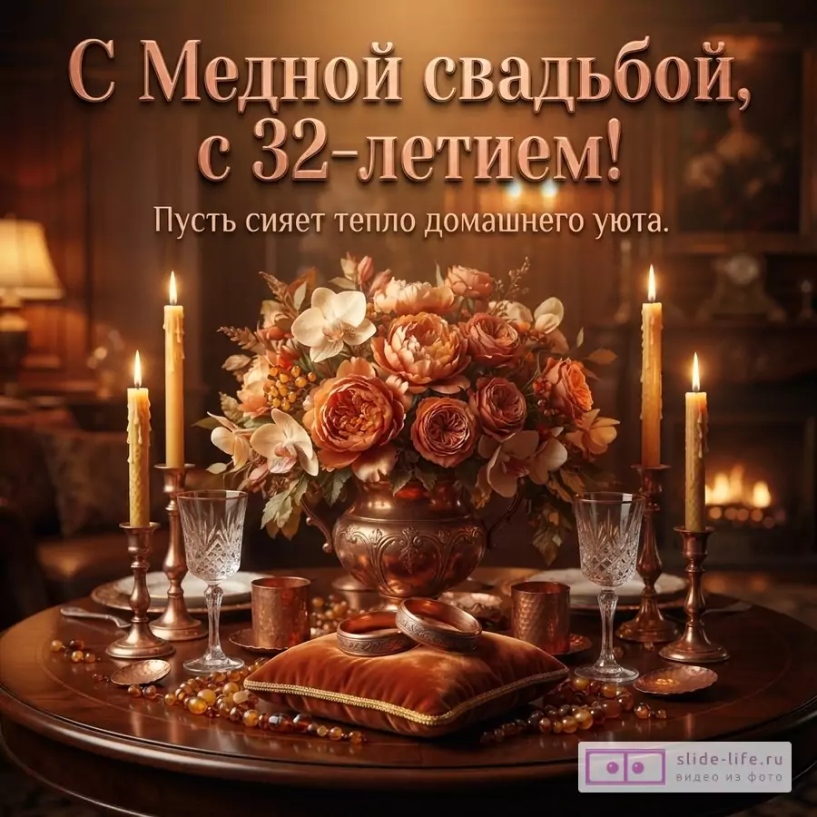 Коричневый фон, сверху текст «С Медной свадьбой, с 32-летием! Пусть сияет тепло домашнего уюта.». Внизу на деревянном столе ваза с цветами, свечи, бокалы, подушечка с кольцами.