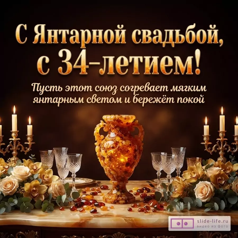 Темный фон, на переднем плане стол с янтарной вазой, свечами, бокалами и цветами. Текст: «С Янтарной свадьбой, с 34-летием! Пусть этот союз согревает мягким янтарным светом и бережёт покой»
