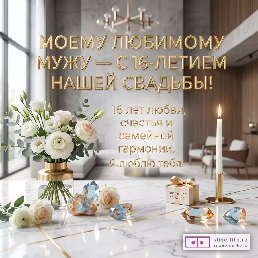 Светлый интерьер с мраморным фоном, цветы в вазе, свеча, подарок и топазовые камни. Текст: «МОЕМУ ЛЮБИМОМУ МУЖУ — С 16-ЛЕТИЕМ НАШЕЙ СВАДЬБЫ! 16 лет любви, счастья и семейной гармонии. Я люблю тебя.»
