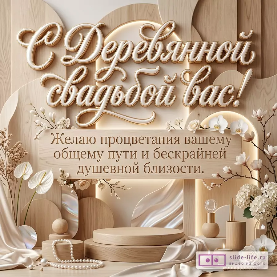 Открытка в бежевых, кремовых и светло-коричневых тонах с деревянными текстурами, белыми цветами, свечами, жемчугом и надписями «С Деревянной свадьбой вас!» и «Желаю процветания вашему общему пути и бескрайней душевной близости.»