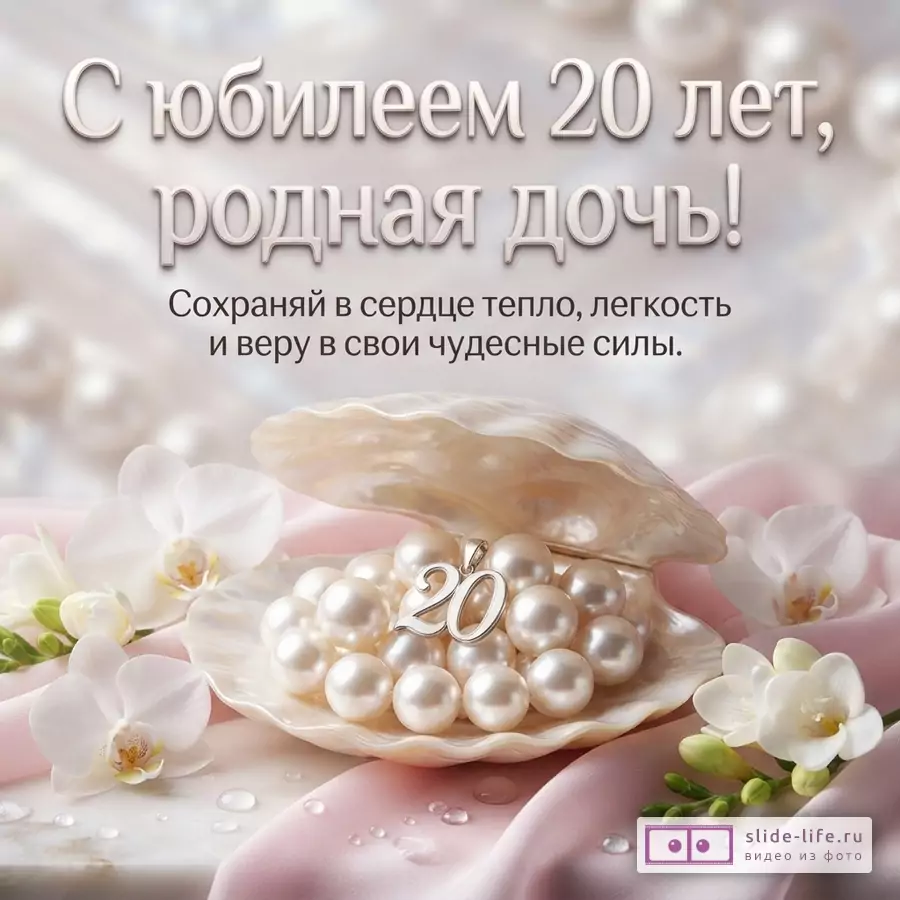 Перламутровая раковина с жемчужинами, кулоном 20 и белыми орхидеями на шелке с надписью «С юбилеем 20 лет, родная дочь! Сохраняй в сердце тепло, легкость и веру в свои чудесные силы.»