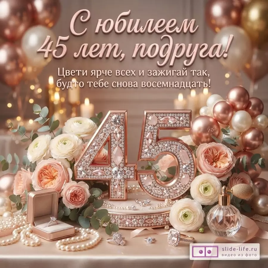 Открытка с бежевым фоном, розово-золотыми шарами и свечами. В центре объемные цифры «45» из розового золота, инкрустированные стразами. Вокруг цифр букеты из белых и персиковых роз, жемчужные бусы, кольца и флакон духов. Текст: «С юбилеем 45 лет, подруга! Цвети ярче всех и зажигай так, будто тебе снова восемнадцать!»
