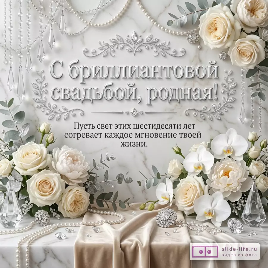 Белая открытка с мраморным фоном, белыми розами, орхидеями, жемчужными нитями, кристаллами и текстом «С бриллиантовой свадьбой, родная! Пусть свет этих шестидесяти лет согревает каждое мгновение твоей жизни.»