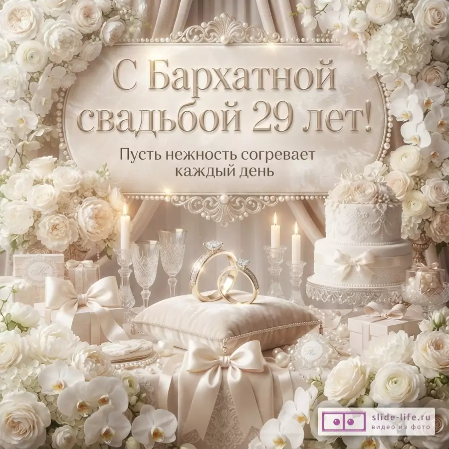 Фон бежевый, по краям белые цветы. В центре рамка с текстом «С Бархатной свадьбой 29 лет! Пусть нежность согревает каждый день». Внизу обручальные кольца на подушке, свечи, бокалы, торт, подарки.