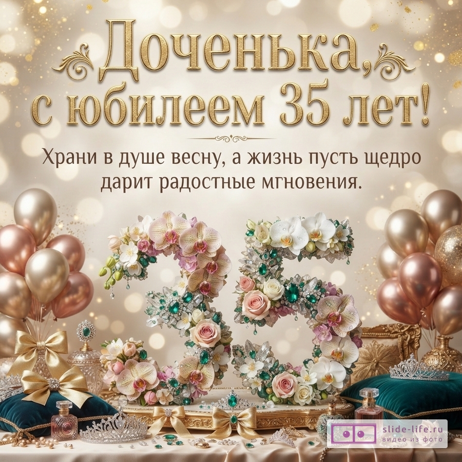 Объемная цифра 35 из цветов орхидей и изумрудов в окружении шаров и диадем с текстом «Доченька, с юбилеем 35 лет! Храни в душе весну, а жизнь пусть щедро дарит радостные мгновения.»
